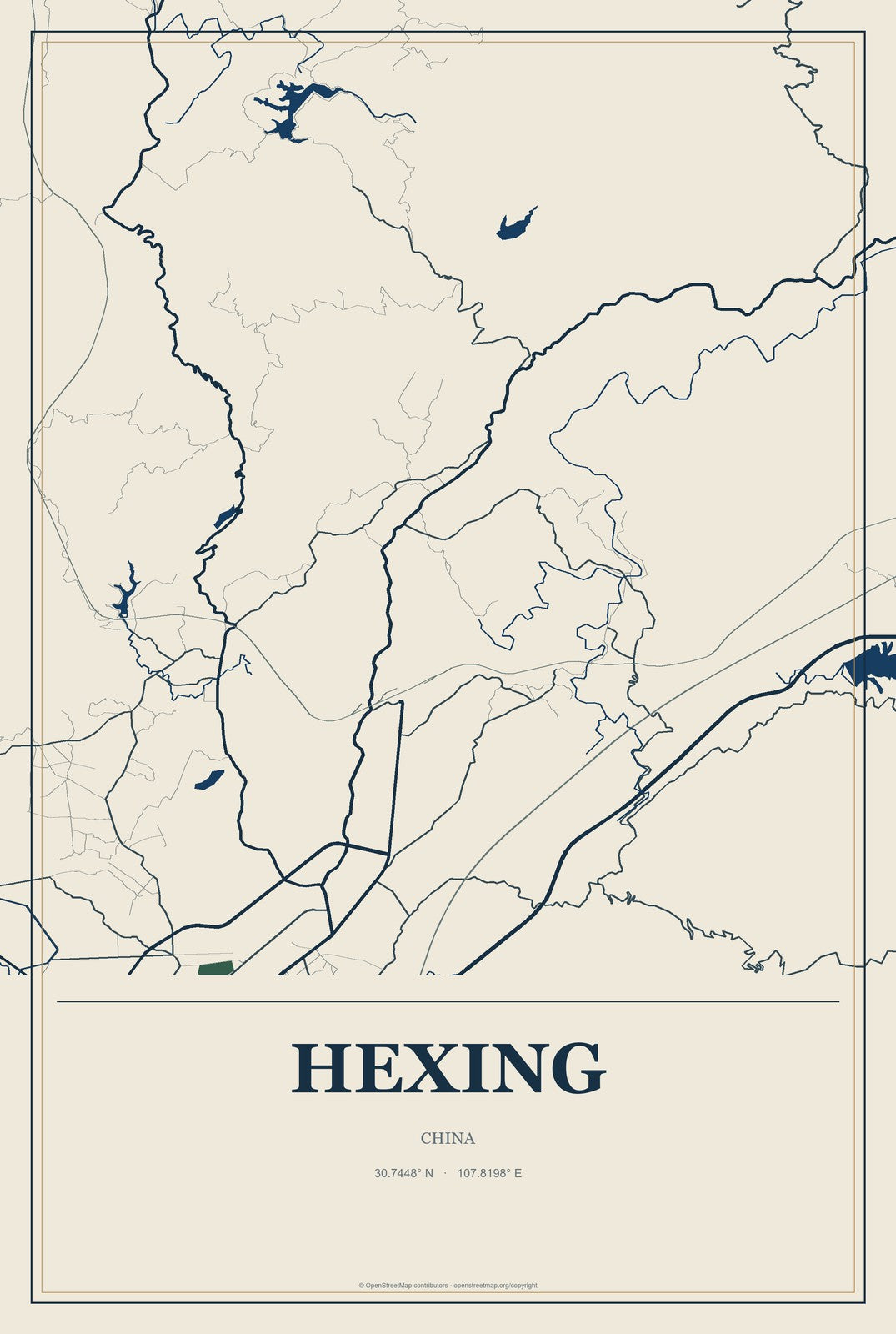 Hexing, China City Map Aluminum Sign in Coastal Cutout style