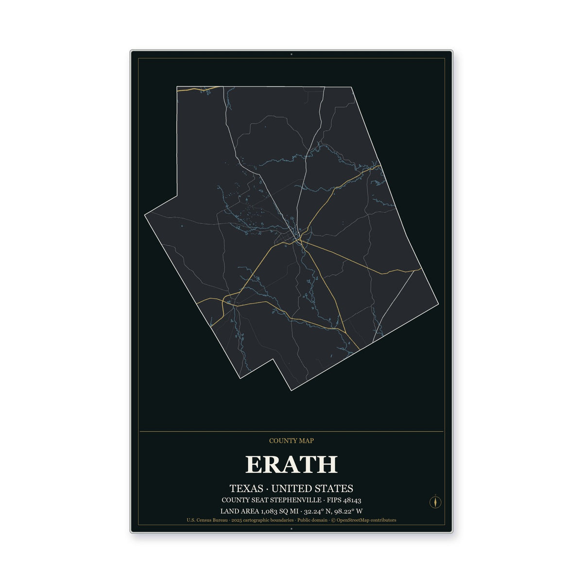 Erath County, Texas Map Aluminum Sign in Metropolitan Noir style