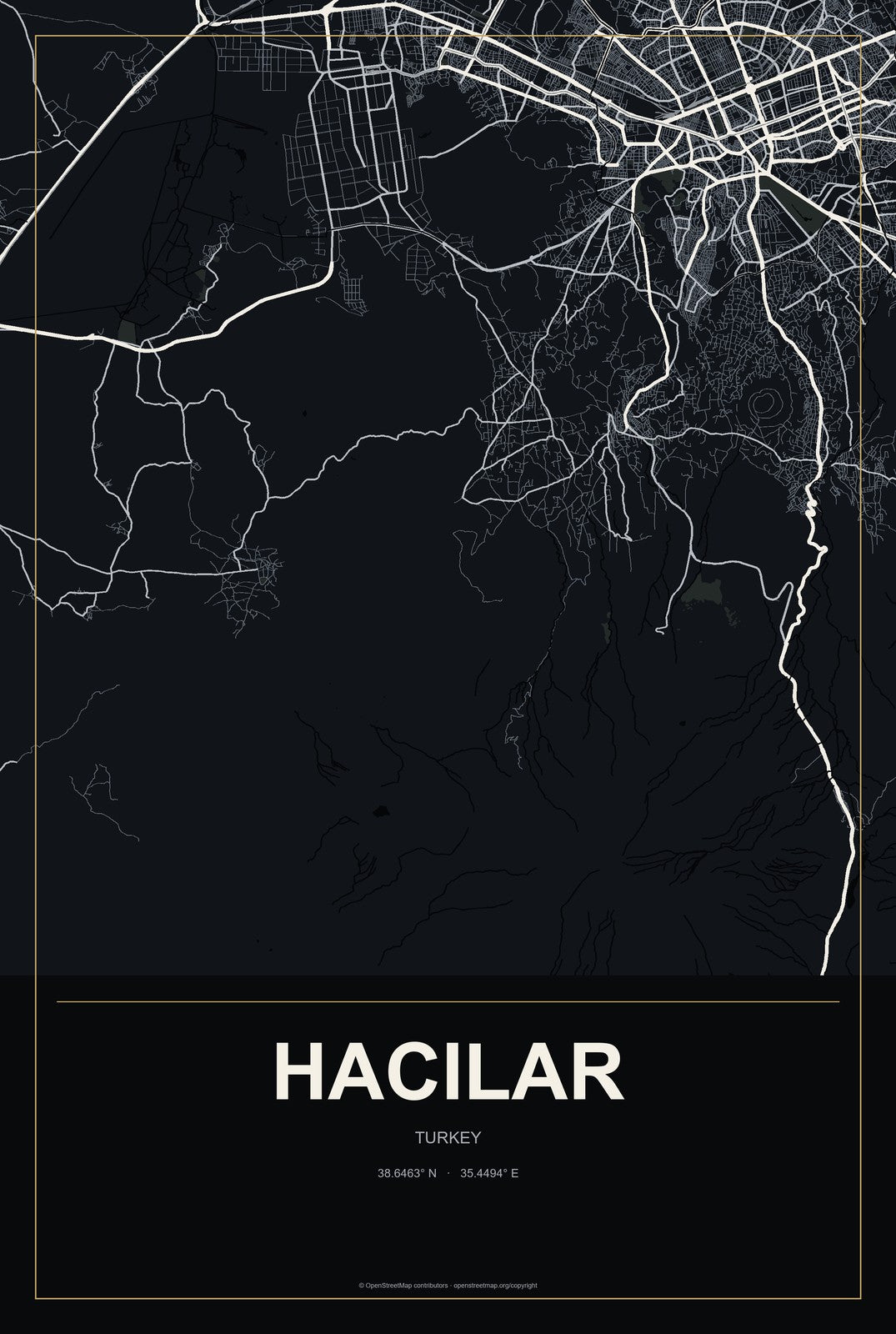 Hacılar, Turkey City Map Aluminum Sign in Metropolitan Noir style