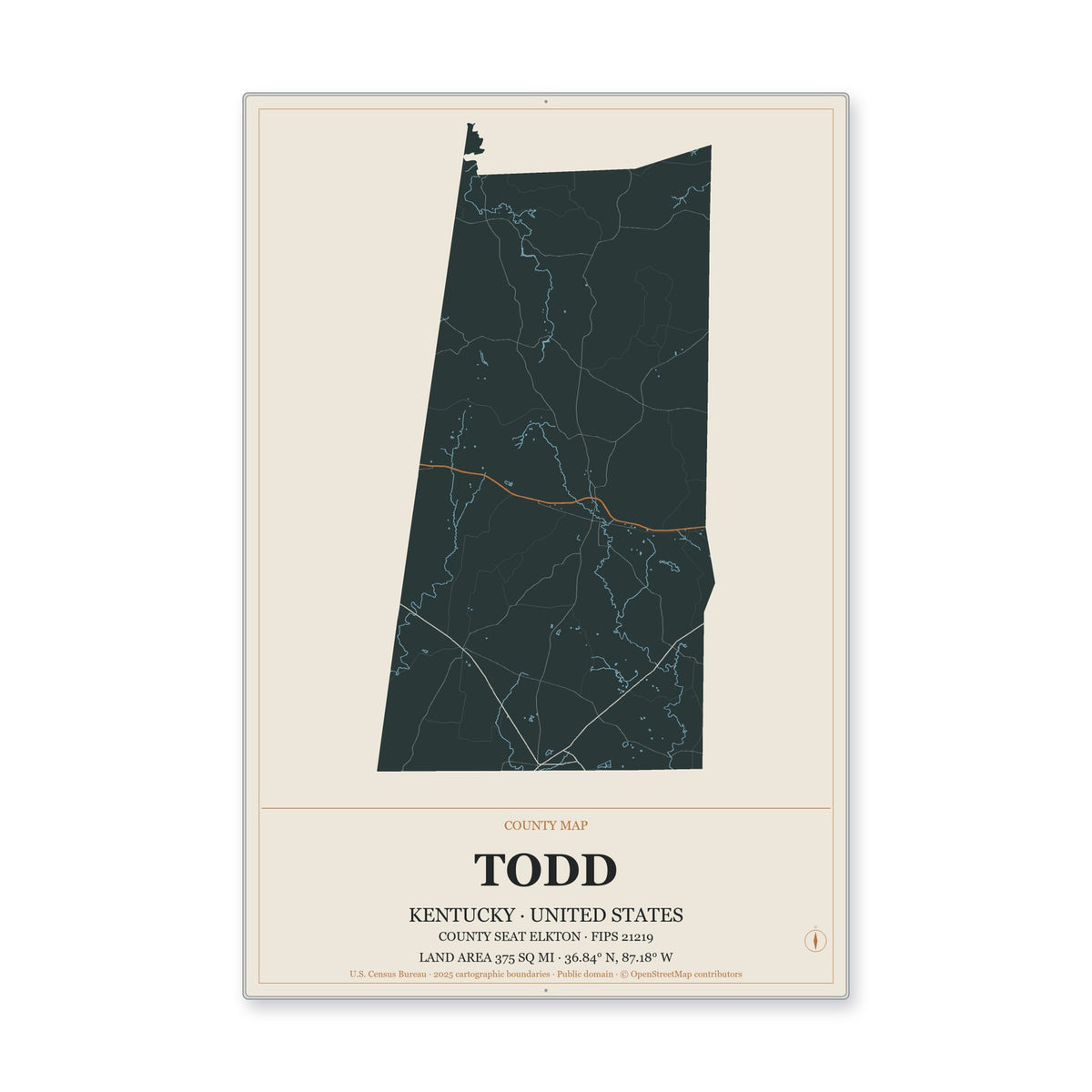Todd County, Kentucky Map Aluminum Sign in Headline Atlas style