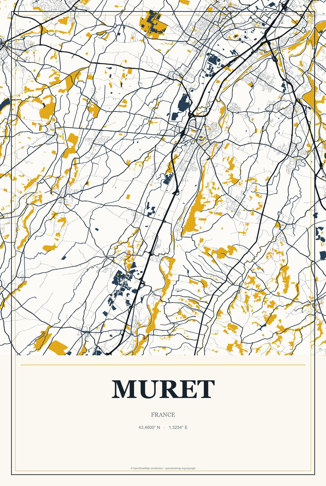 Muret, France City Map Aluminum Sign in Citrine Modern style