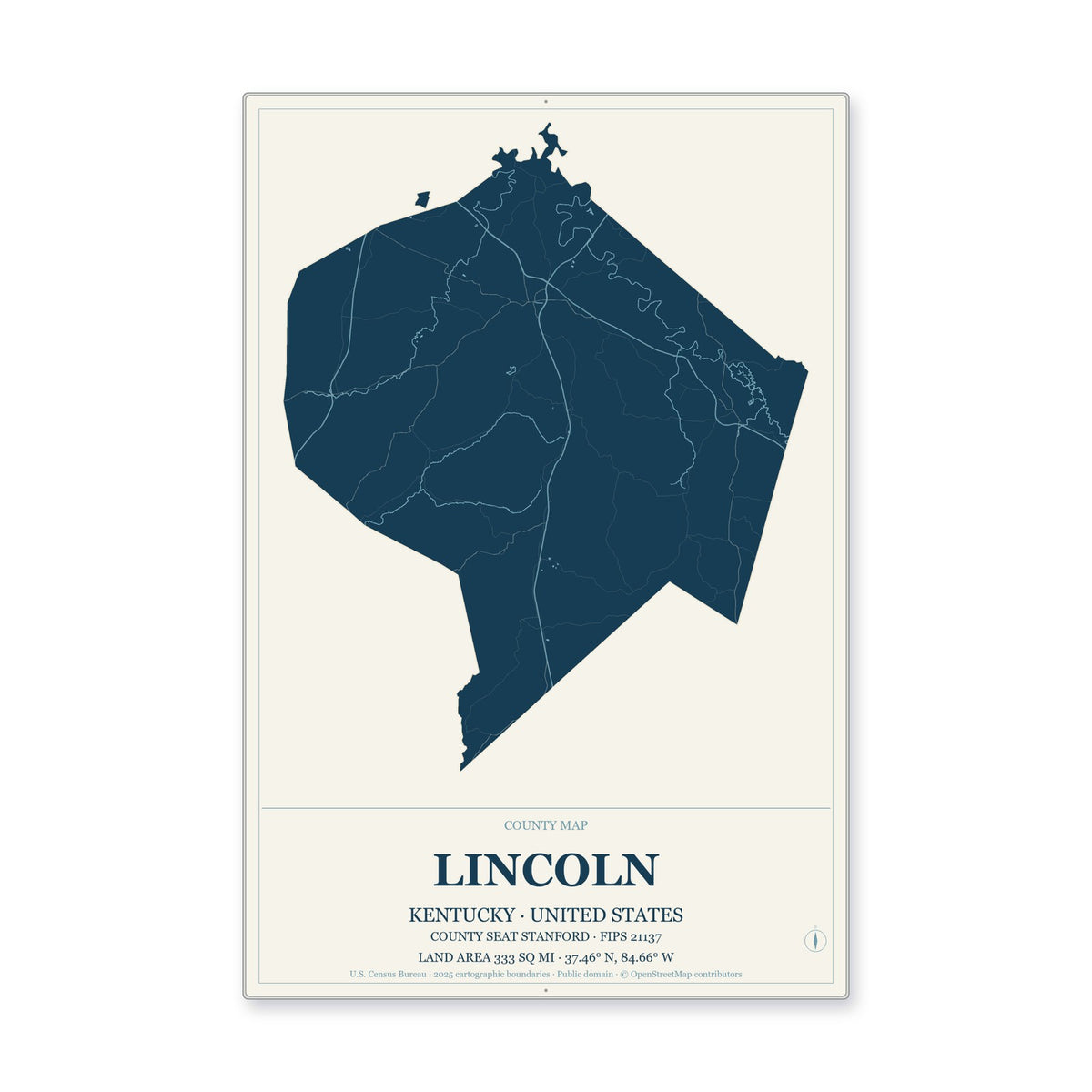 Lincoln County, Kentucky Map Aluminum Sign in Coastal Cutout style