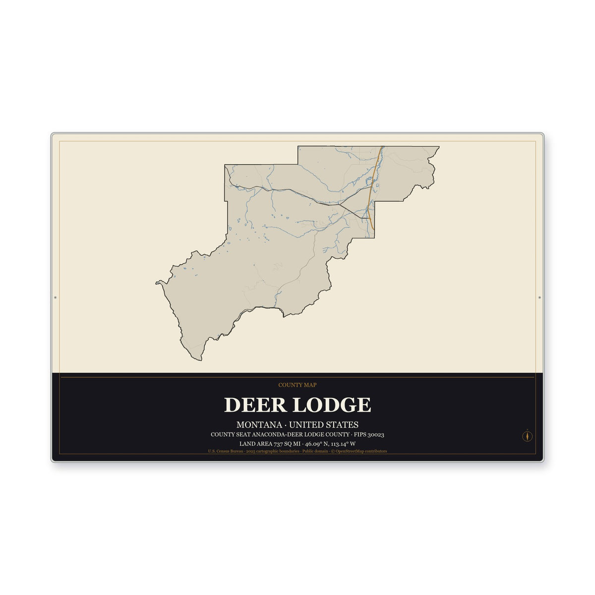 Deer Lodge County, Montana Map Aluminum Sign in Museum Plaque style