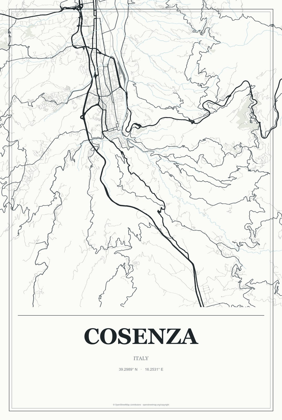 Cosenza, Italy City Map Aluminum Sign in Gallery Air style