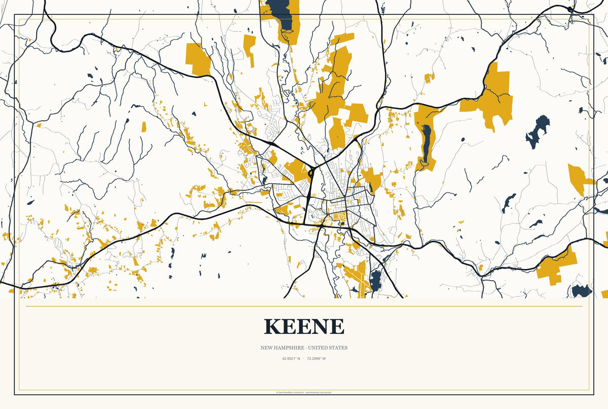 Keene, New Hampshire City Map Aluminum Sign in Citrine Modern style