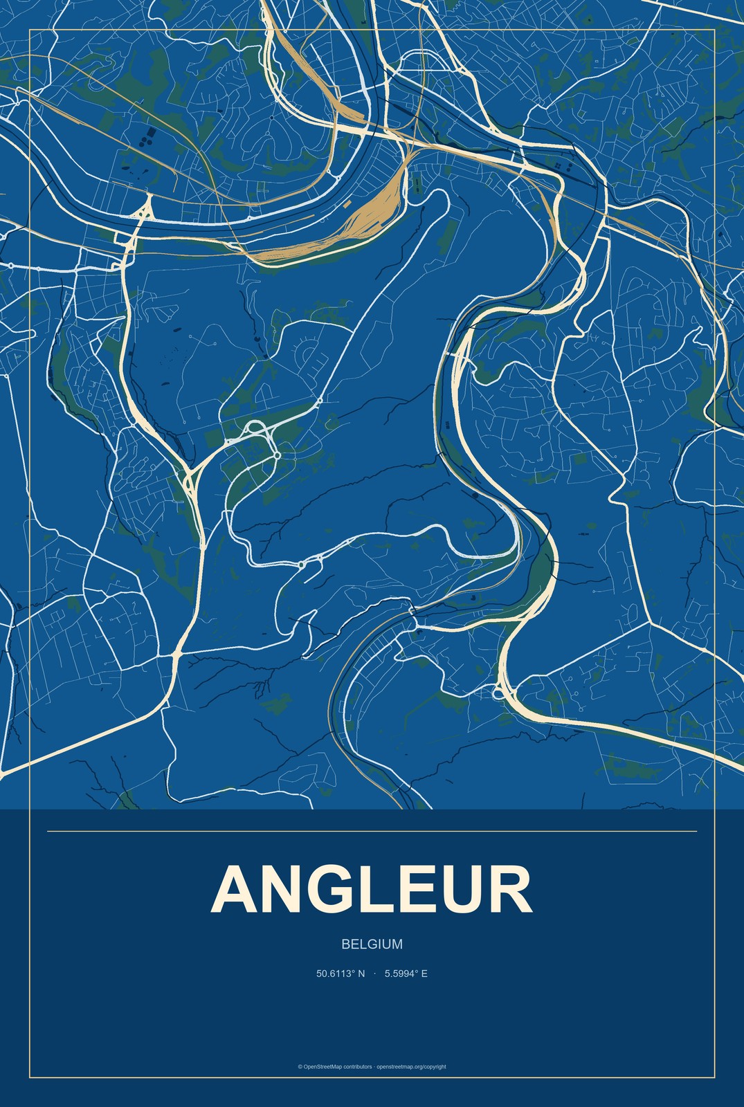 Angleur, Belgium City Map Aluminum Sign in Harbor Cobalt style