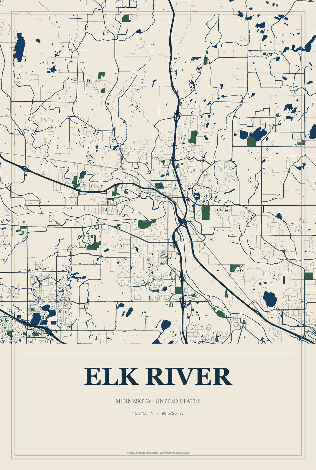 Elk River, Minnesota City Map Aluminum Sign in Coastal Cutout style