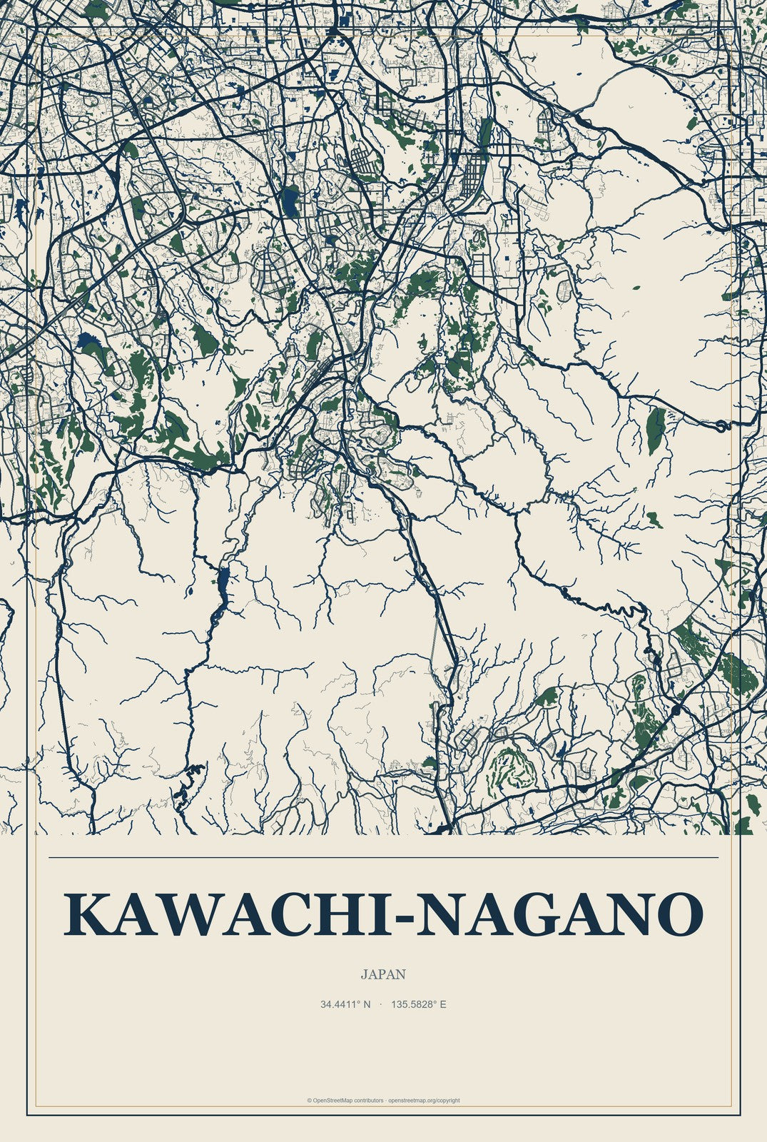 Kawachi-Nagano, Japan City Map Aluminum Sign in Coastal Cutout style