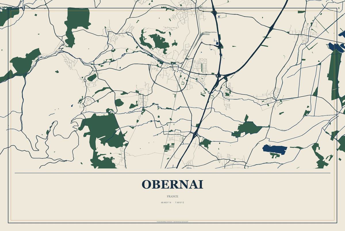 Obernai, France City Map Aluminum Sign in Coastal Cutout style