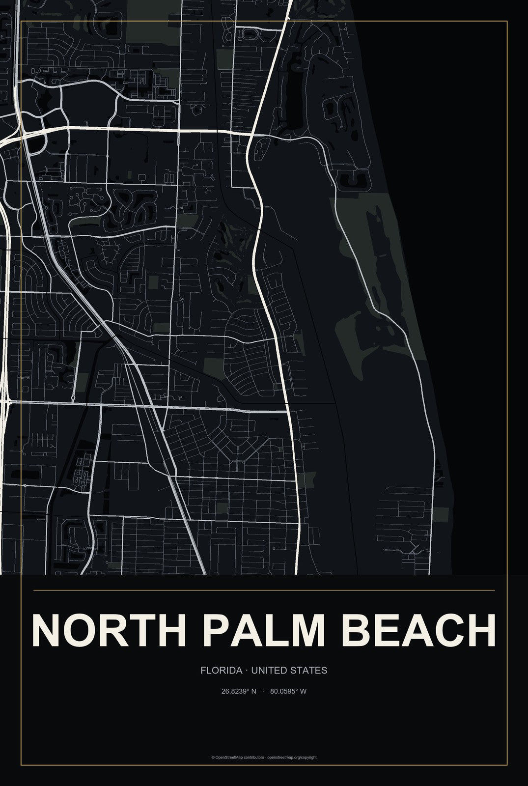 North Palm Beach, Florida City Map Aluminum Sign in Metropolitan Noir style
