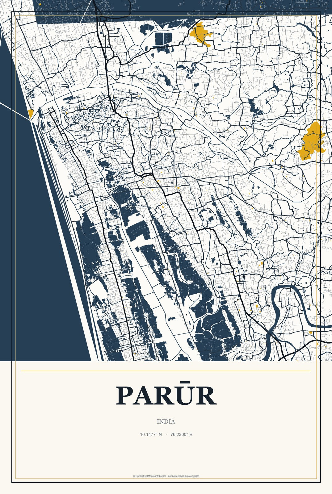 Parūr, India City Map Aluminum Sign in Citrine Modern style