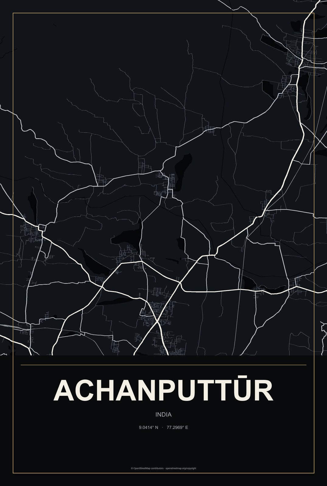 Achanputtūr, India City Map Aluminum Sign in Metropolitan Noir style