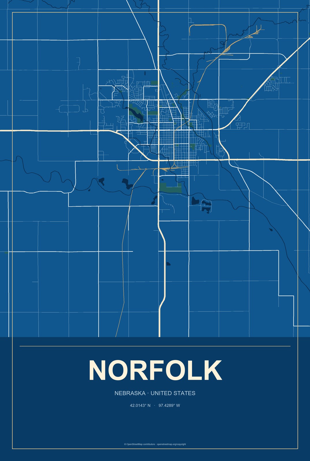 Norfolk, Nebraska City Map Aluminum Sign in Harbor Cobalt style