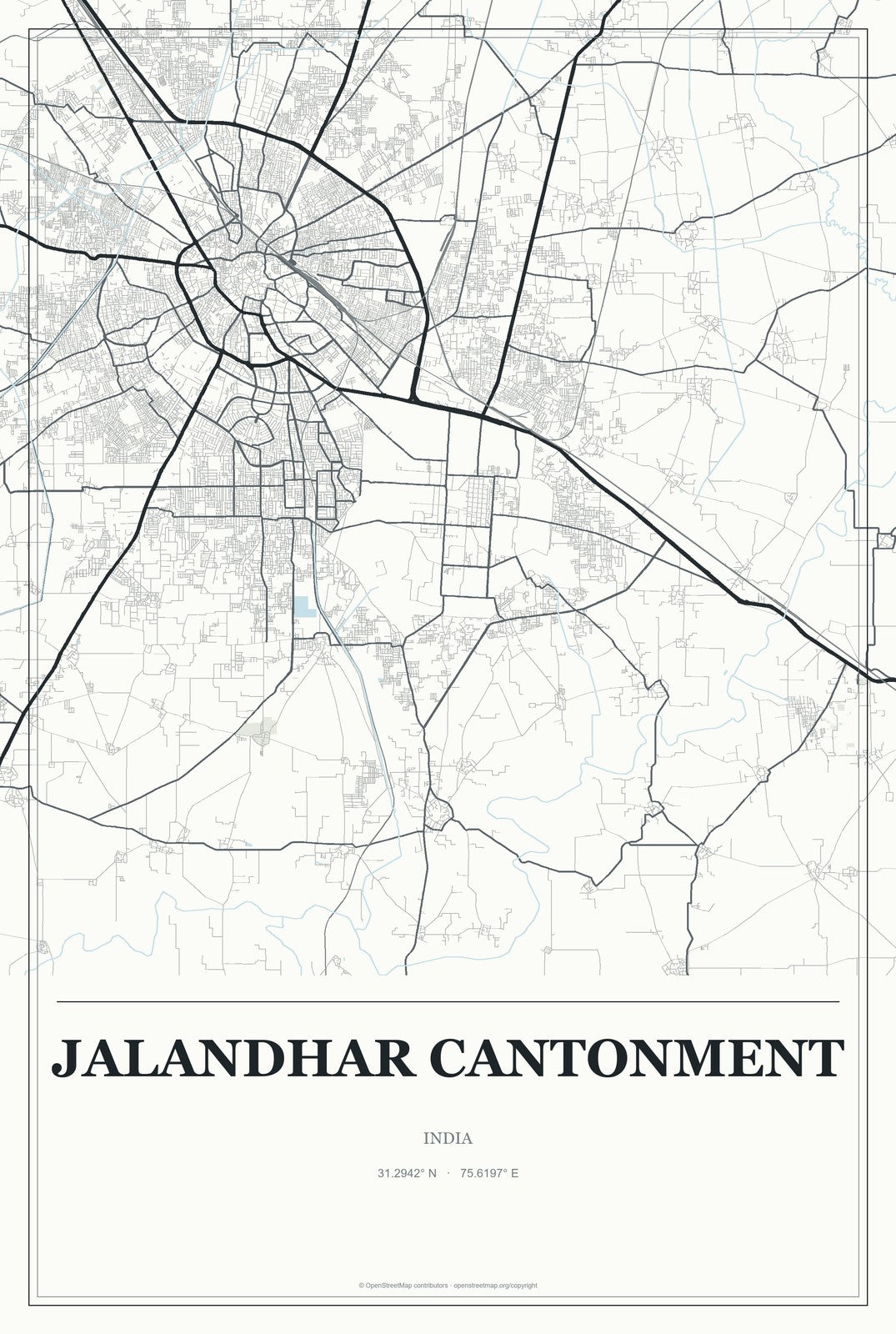 Jalandhar Cantonment, India City Map Aluminum Sign in Gallery Air style