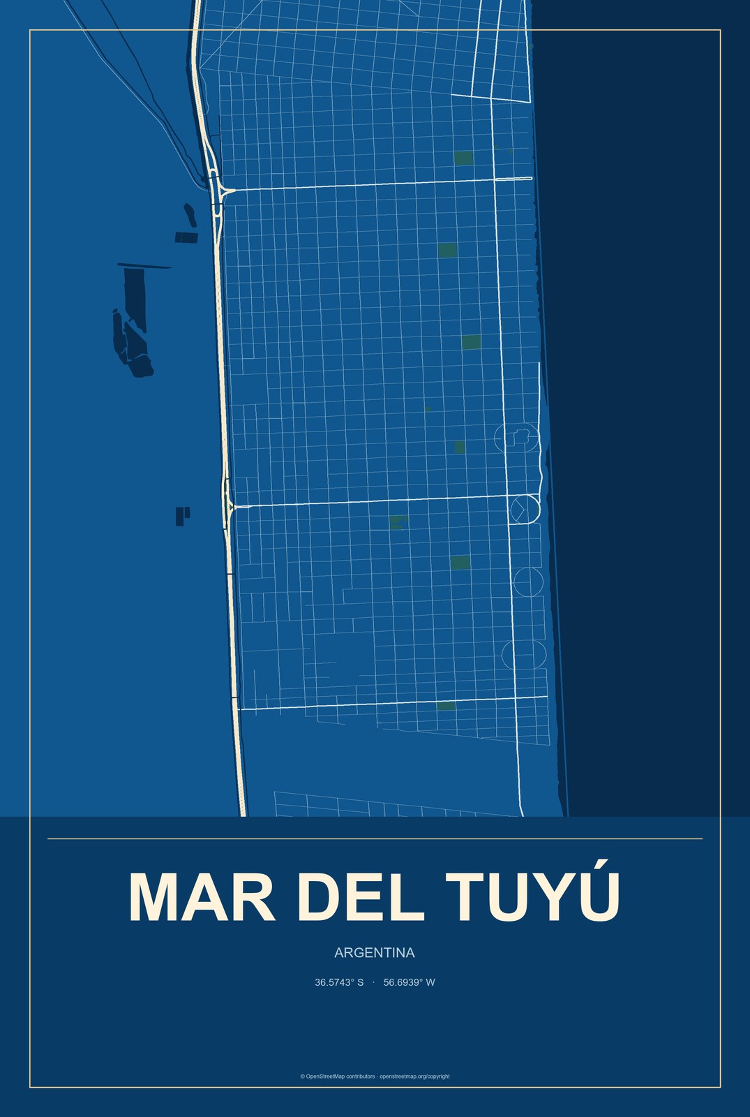 Mar del Tuyú, Argentina City Map Aluminum Sign in Harbor Cobalt style