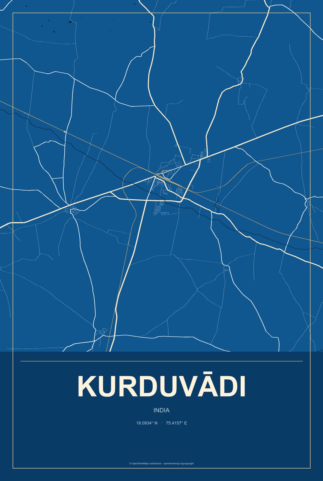 Kurduvādi, India City Map Aluminum Sign in Harbor Cobalt style