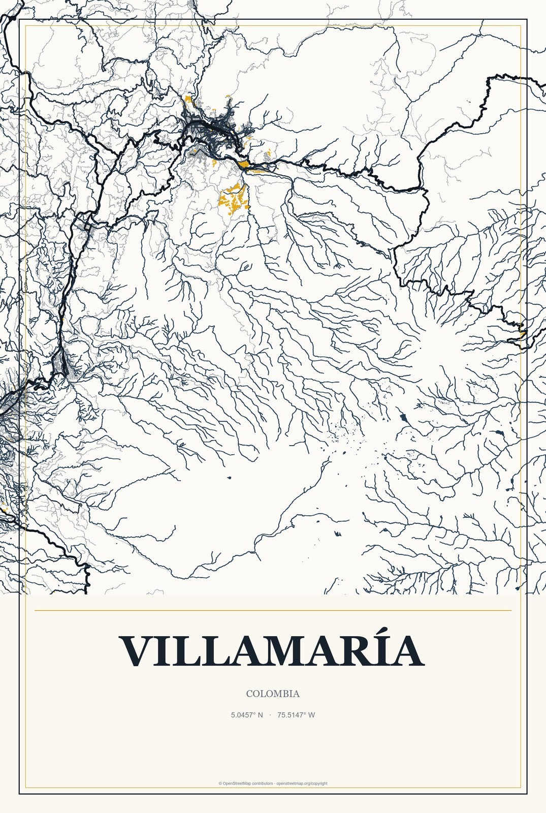 Villamaría, Colombia City Map Aluminum Sign in Citrine Modern style