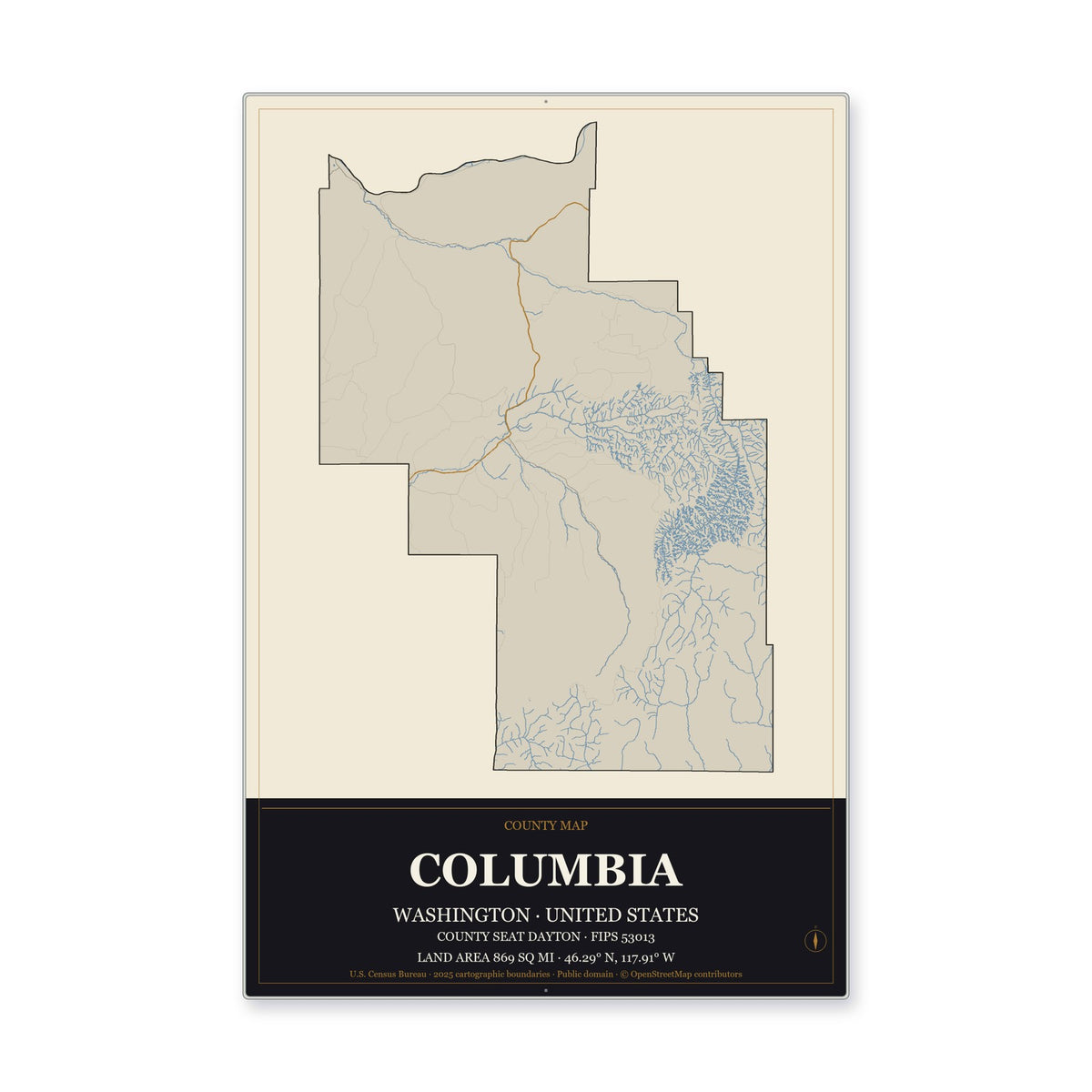 Columbia County, Washington Map Aluminum Sign in Museum Plaque style