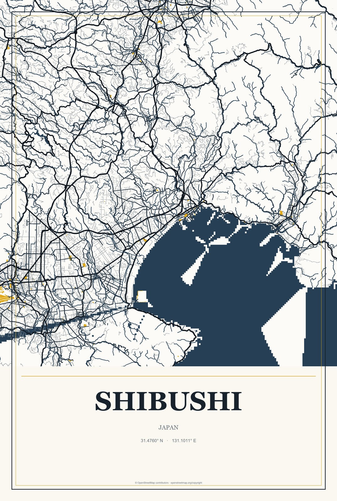 Shibushi, Japan City Map Aluminum Sign in Citrine Modern style
