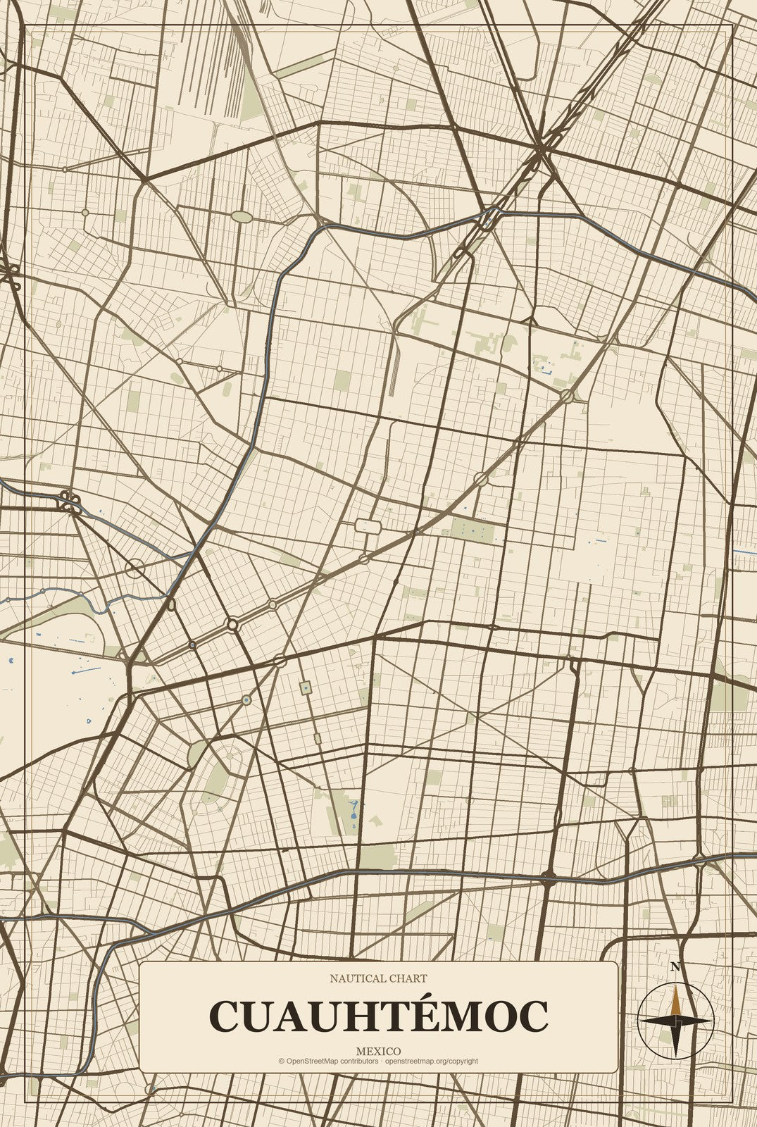 Cuauhtémoc, Mexico City, Mexico City Map Aluminum Sign in Heritage Nautical style