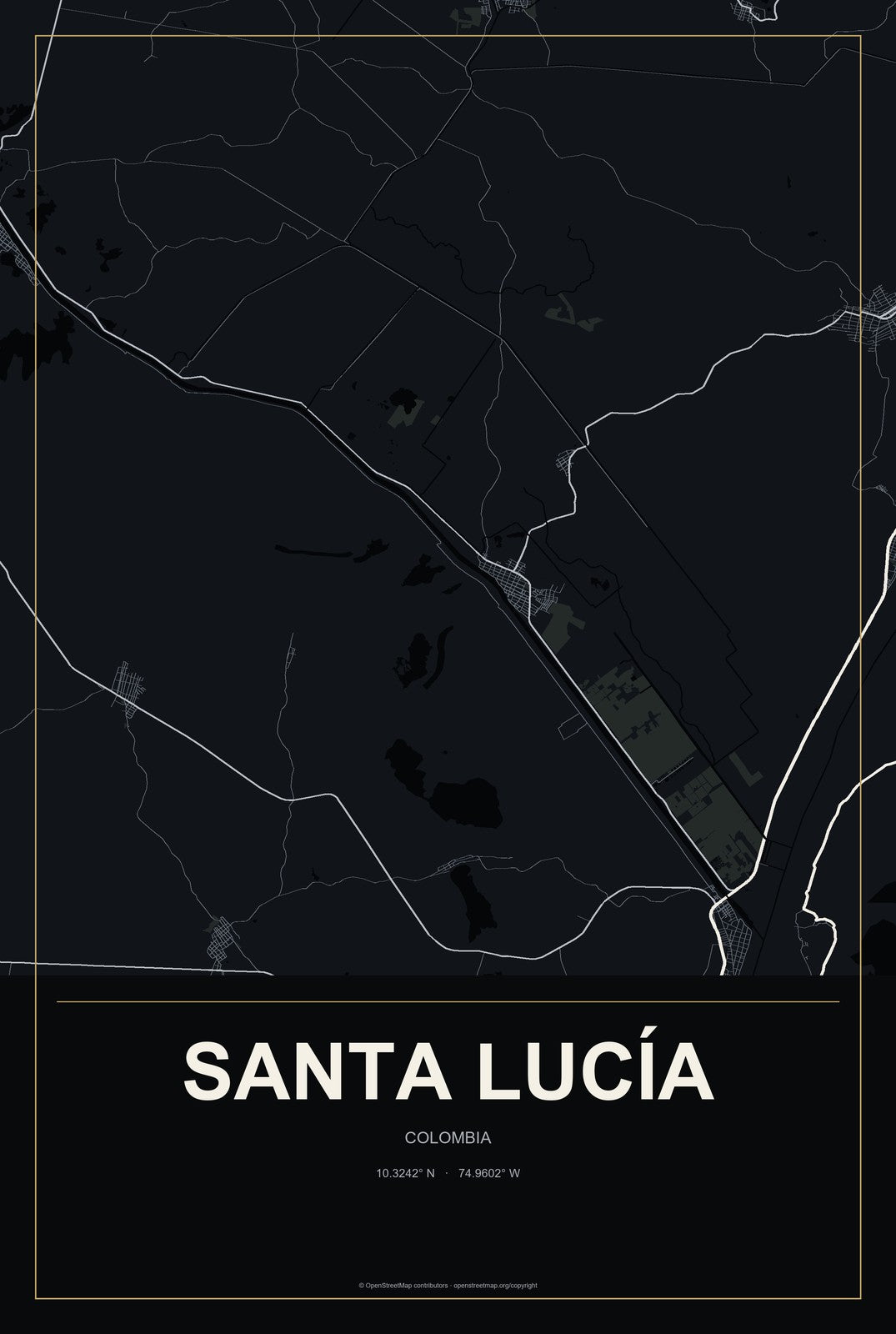 Santa Lucía, Colombia City Map Aluminum Sign in Metropolitan Noir style