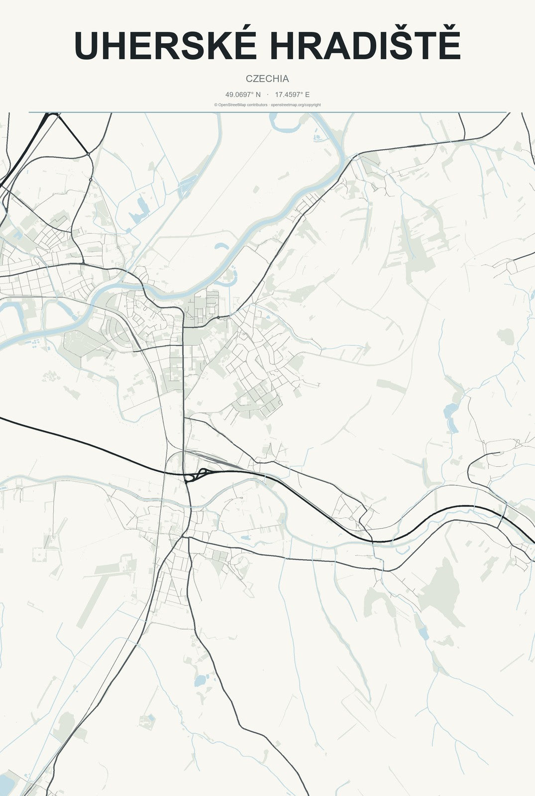 Uherské Hradiště, Czechia City Map Aluminum Sign in Headline Atlas style