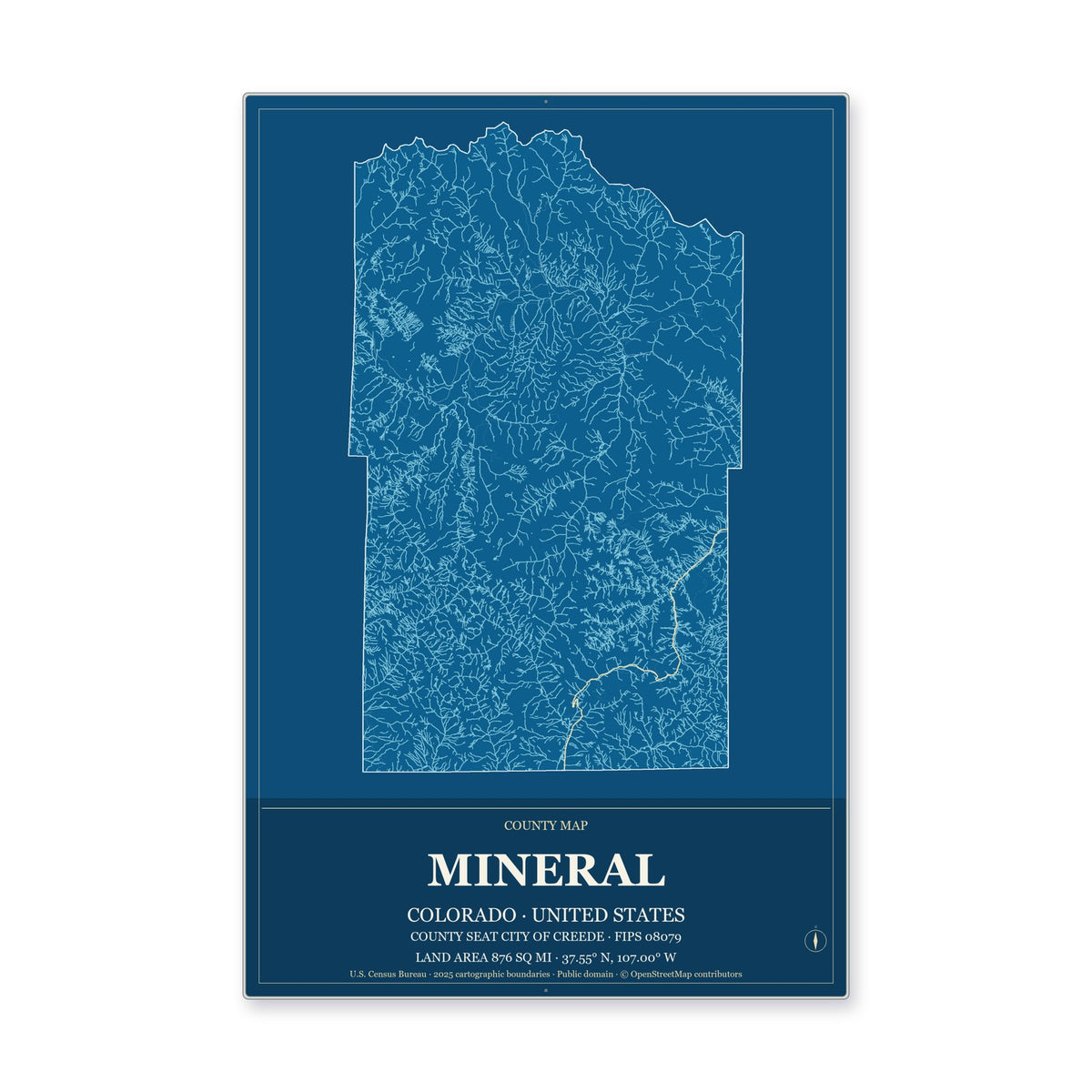 Mineral County, Colorado Map Aluminum Sign in Harbor Cobalt style