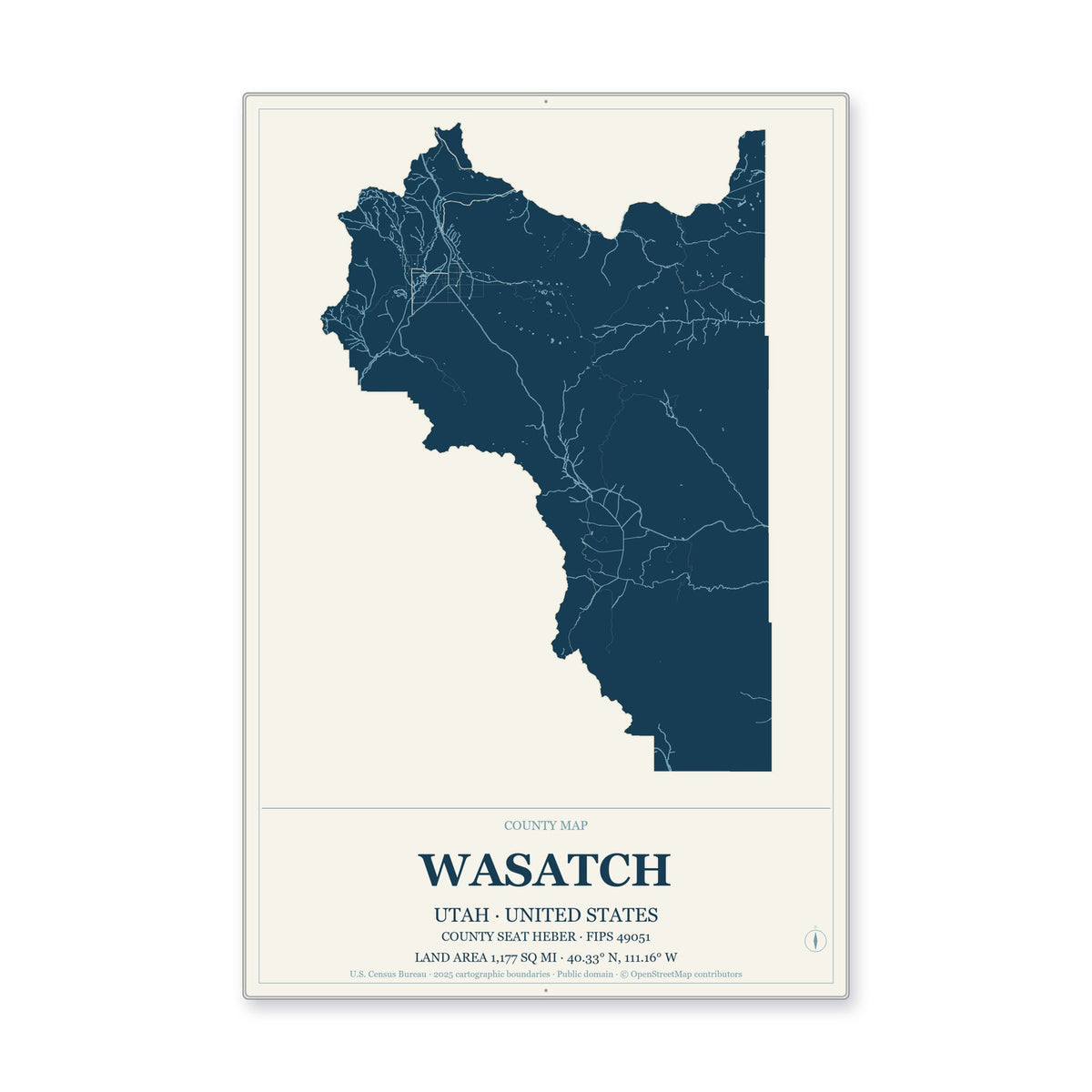 Wasatch County, Utah Map Aluminum Sign in Coastal Cutout style
