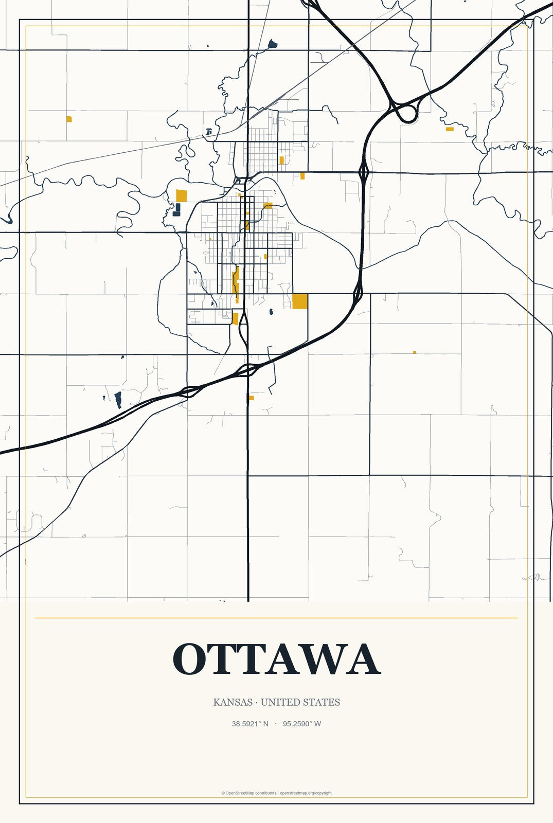 Ottawa, Kansas City Map Aluminum Sign in Citrine Modern style