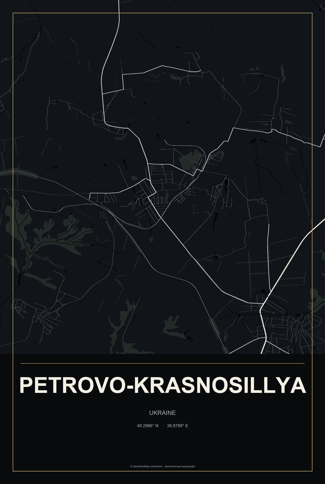 Petrovo-Krasnosillya, Ukraine City Map Aluminum Sign in Metropolitan Noir style
