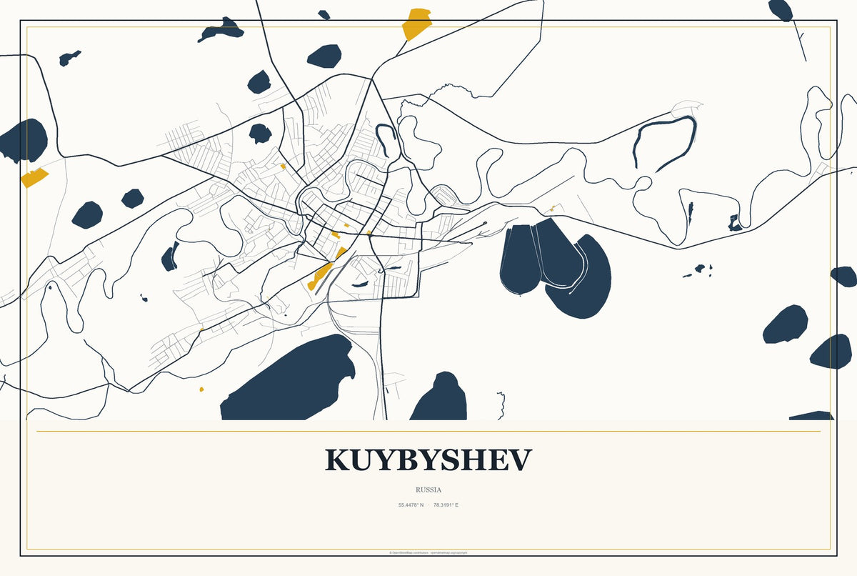Kuybyshev, Russia City Map Aluminum Sign in Citrine Modern style