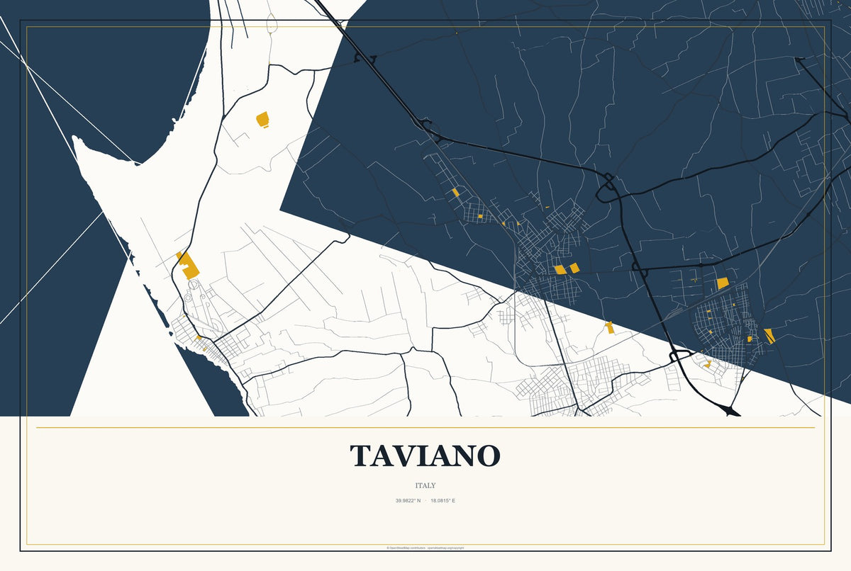 Taviano, Italy City Map Aluminum Sign in Citrine Modern style