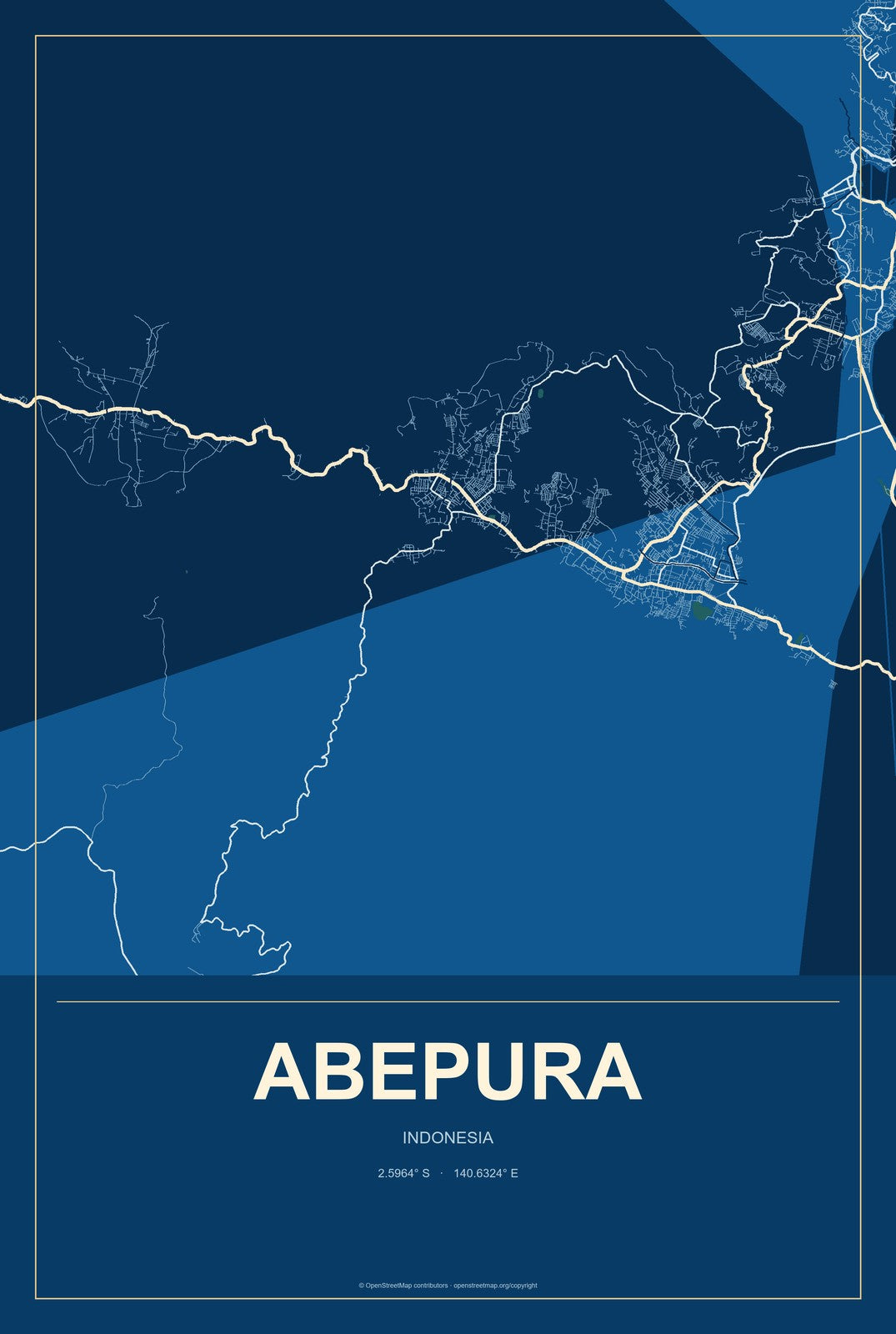 Abepura, Indonesia City Map Aluminum Sign in Harbor Cobalt style