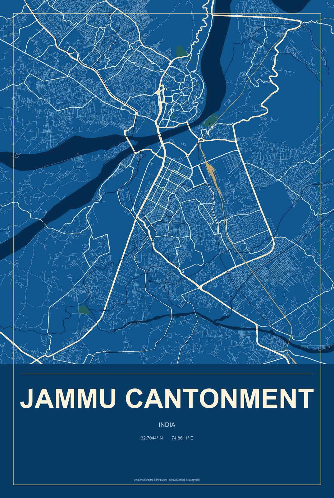 Jammu Cantonment, India City Map Aluminum Sign in Harbor Cobalt style
