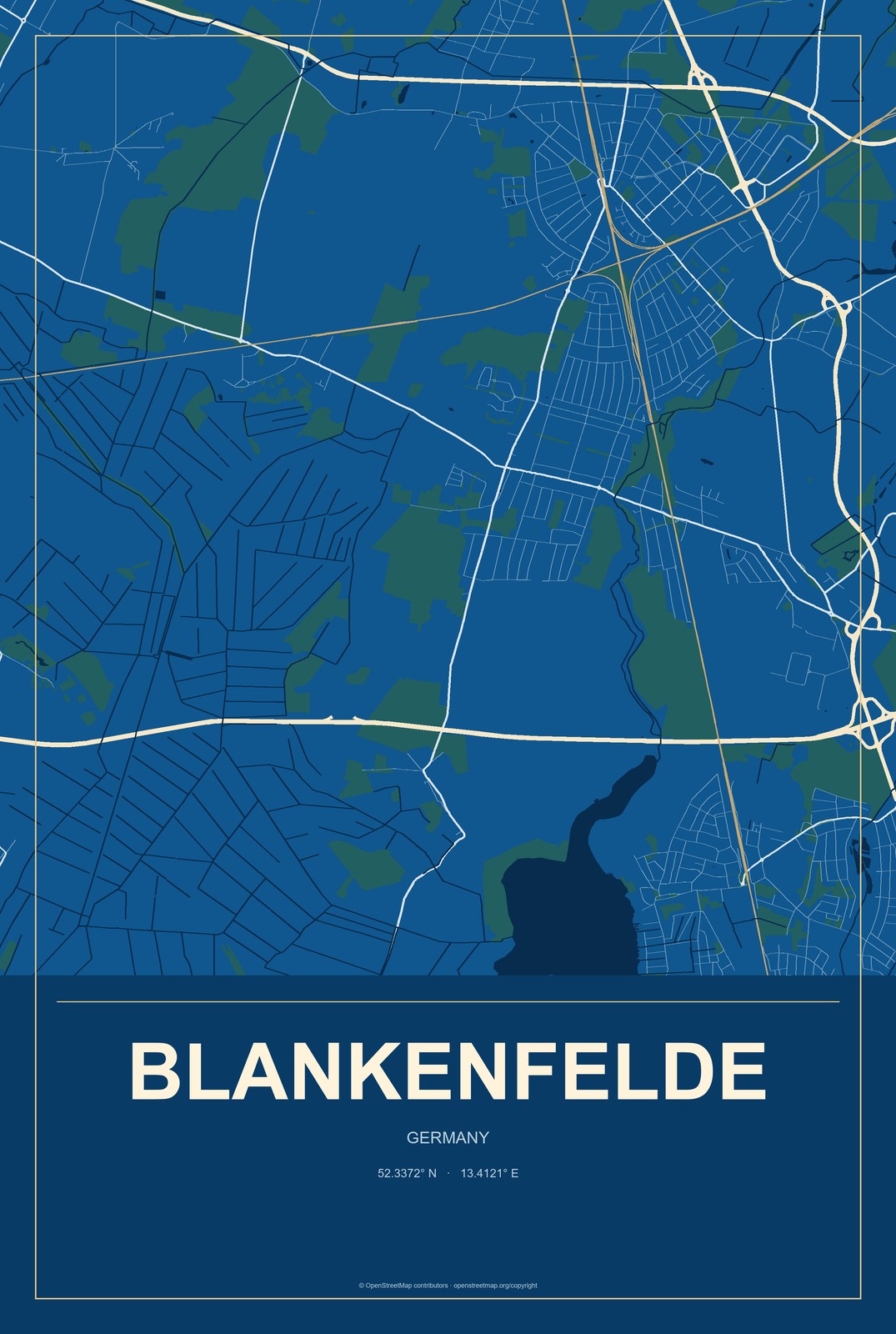 Blankenfelde, Germany City Map Aluminum Sign in Harbor Cobalt style