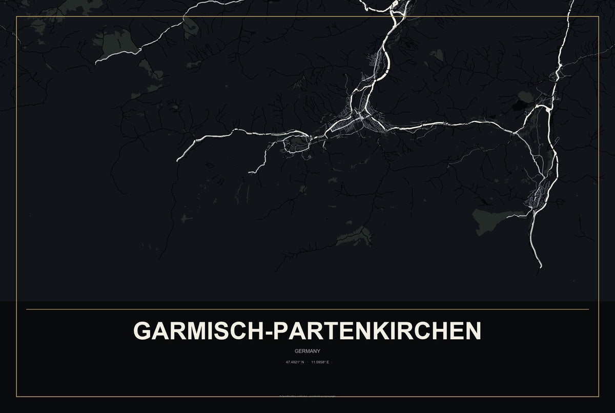 Garmisch-Partenkirchen, Germany City Map Aluminum Sign in Metropolitan Noir style