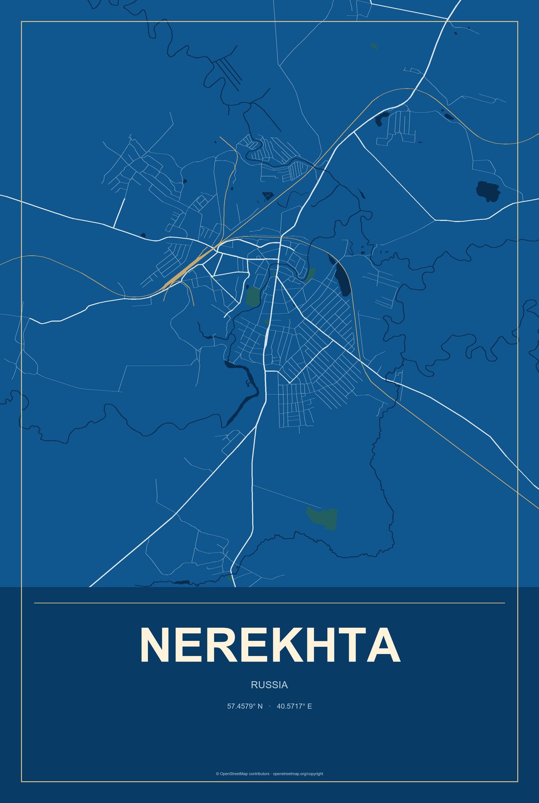 Nerekhta, Russia City Map Aluminum Sign in Harbor Cobalt style