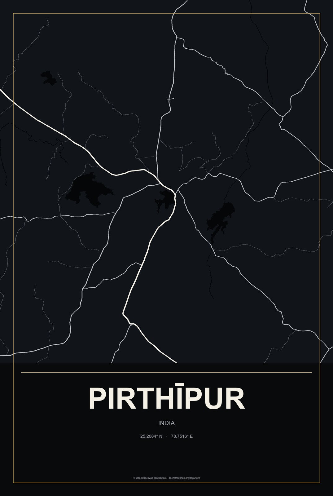 Pirthīpur, India City Map Aluminum Sign in Metropolitan Noir style