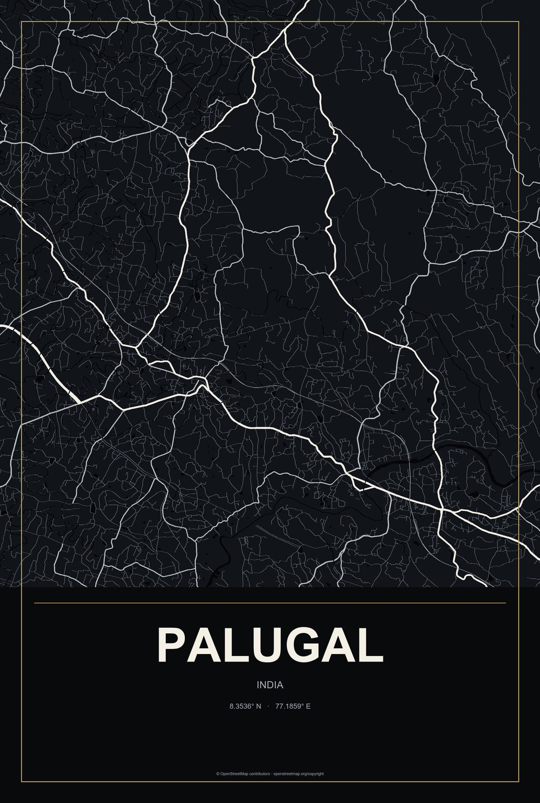 Palugal, India City Map Aluminum Sign in Metropolitan Noir style