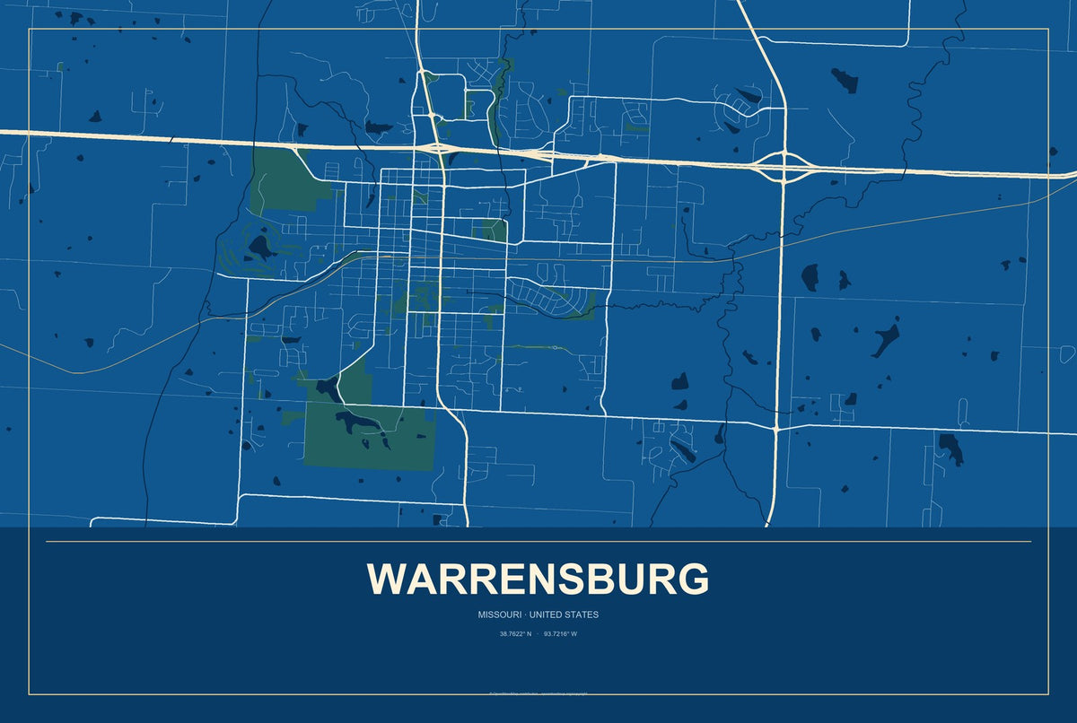 Warrensburg, Missouri City Map Aluminum Sign in Harbor Cobalt style