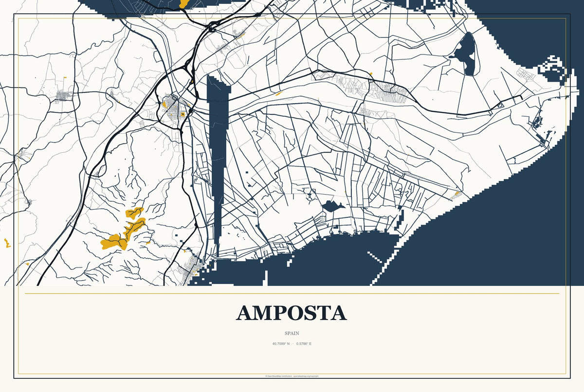 Amposta, Spain City Map Aluminum Sign in Citrine Modern style