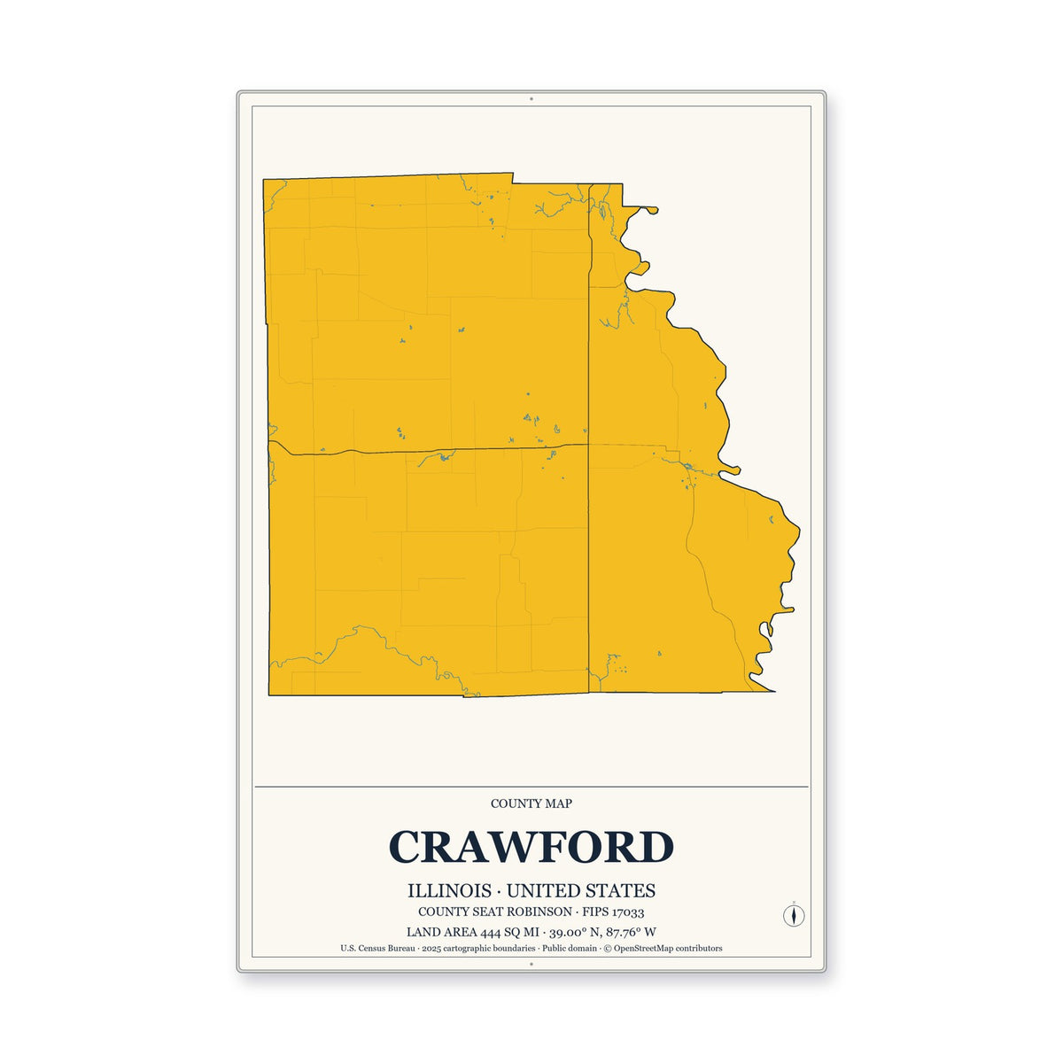 Crawford County, Illinois Map Aluminum Sign in Citrine Modern style