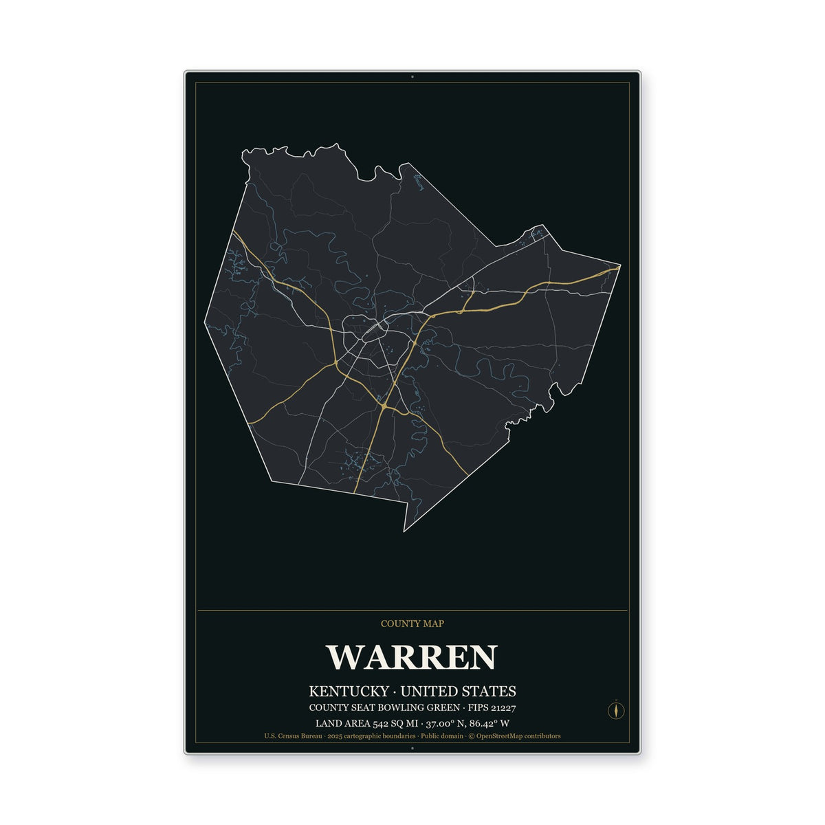 Warren County, Kentucky Map Aluminum Sign in Metropolitan Noir style