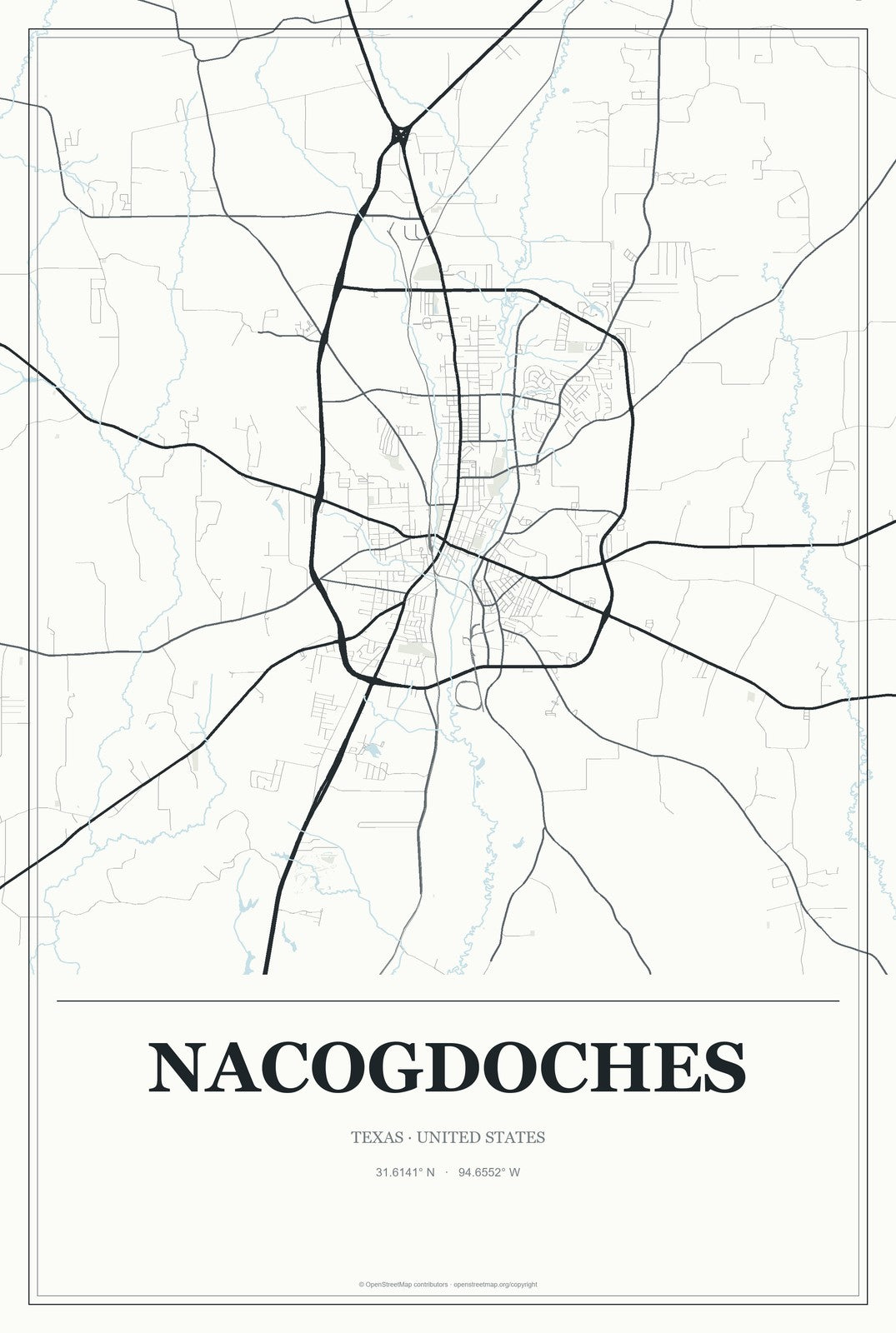 Nacogdoches, Texas City Map Aluminum Sign in Gallery Air style