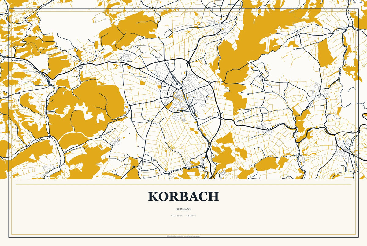 Korbach, Germany City Map Aluminum Sign in Citrine Modern style