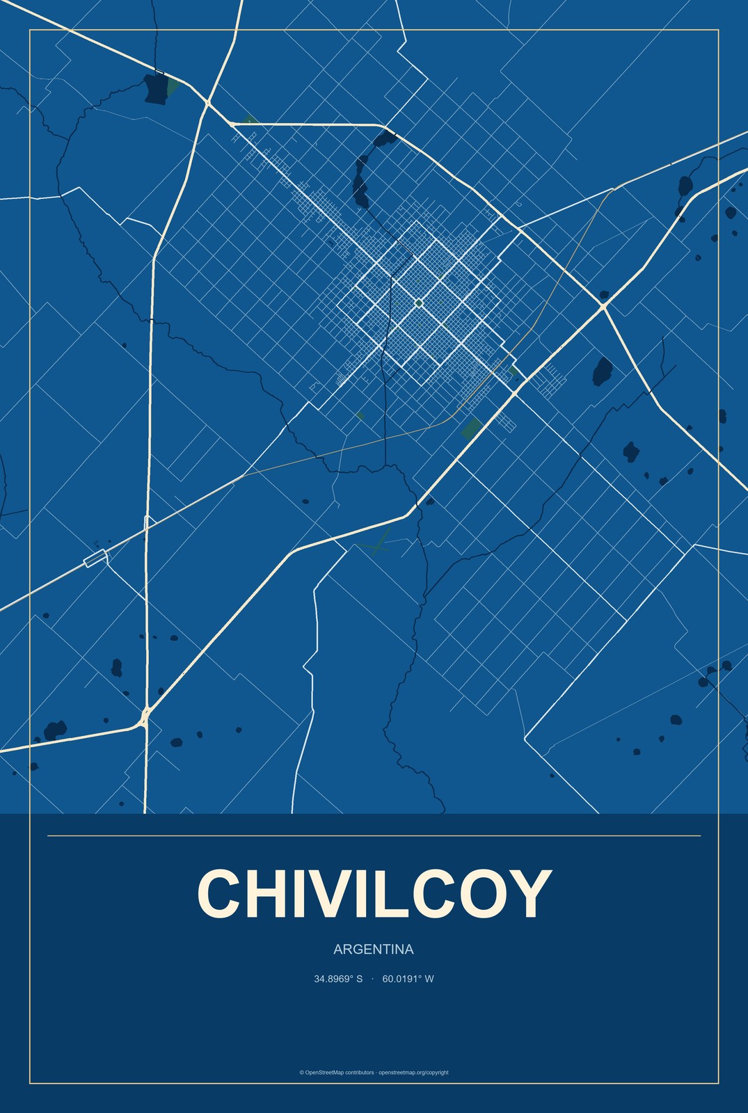 Chivilcoy, Argentina City Map Aluminum Sign in Harbor Cobalt style