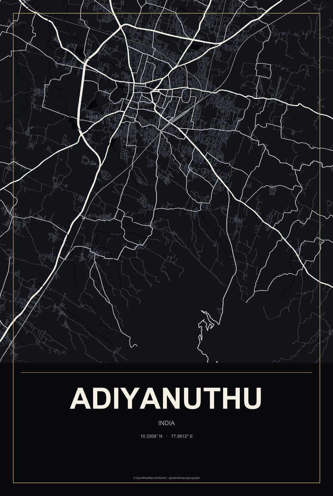 Adiyanuthu, India City Map Aluminum Sign in Metropolitan Noir style