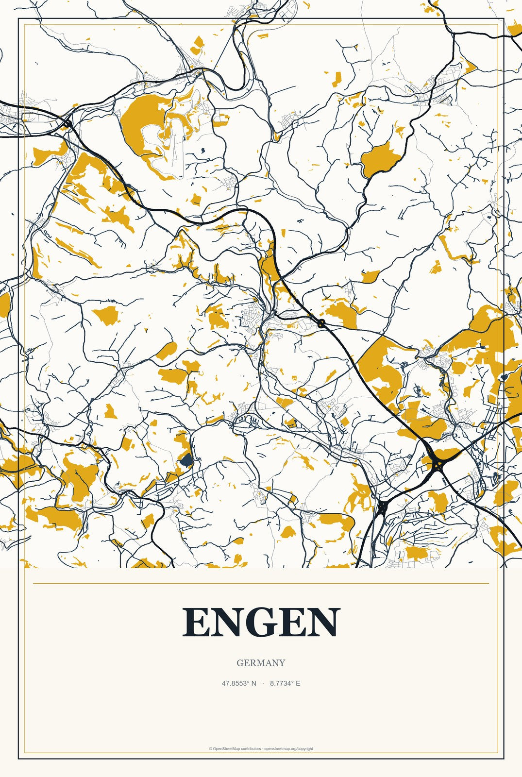 Engen, Germany City Map Aluminum Sign in Citrine Modern style