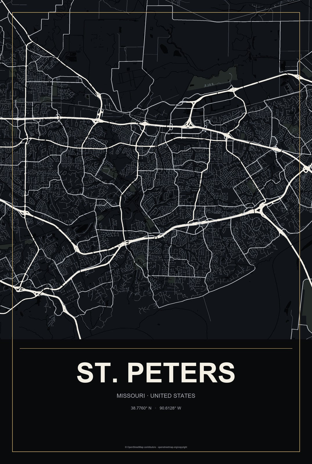 St. Peters, Missouri City Map Aluminum Sign in Metropolitan Noir style
