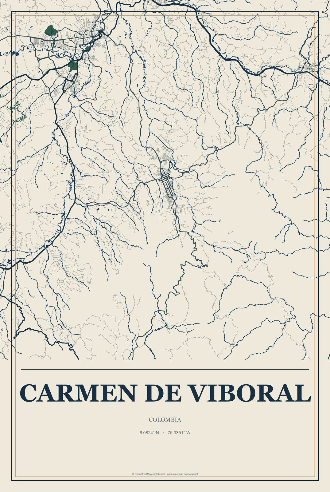 Carmen de Viboral, Colombia City Map Aluminum Sign in Coastal Cutout style